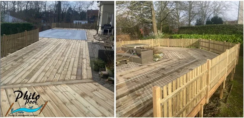 Terrasse en pin traité autour d'une piscine en bois